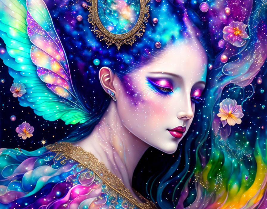 Fantasy female illustration with galaxy butterfly wings and celestial headpiece