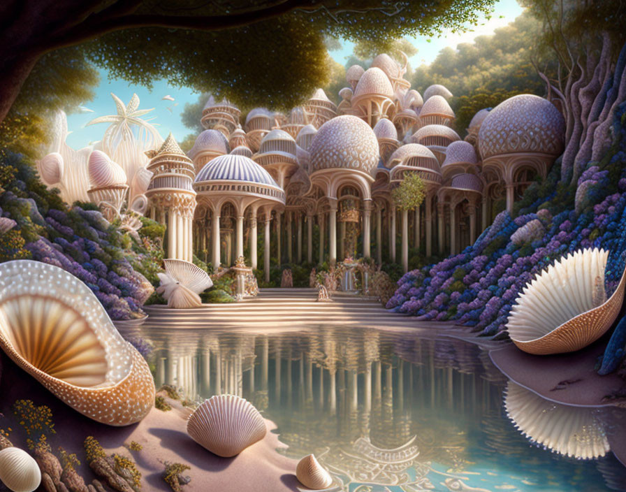 Fantasy Landscape: Mushroom Buildings, Purple Flora, Seashells, Enchanted Forest