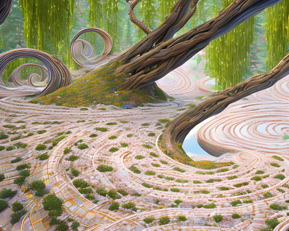 Spiral-shaped trees in lush green forest landscape