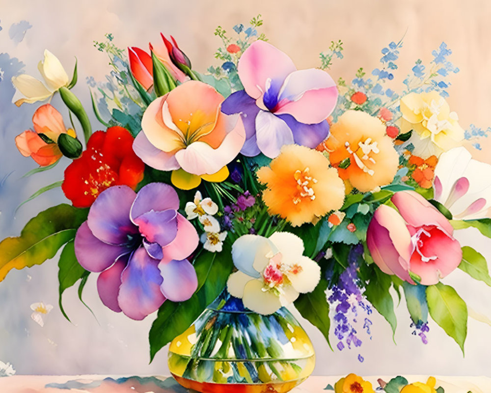 Colorful Flower Bouquet Watercolor Painting in Yellow Vase