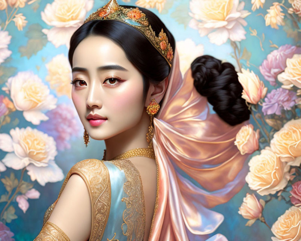 Digital artwork: Elegant woman with traditional adornments in serene, regal setting