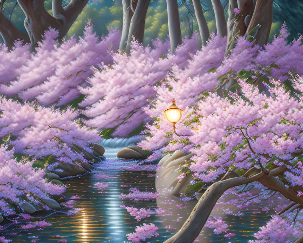 Tranquil twilight setting with pink cherry blossoms and serene stream
