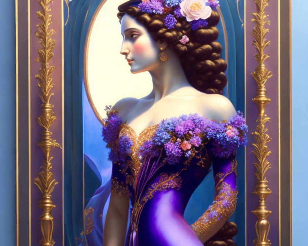 Stylized woman portrait with floral hair accessories and purple gown