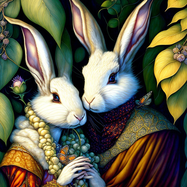 Anthropomorphic rabbits in intricate attire against green foliage