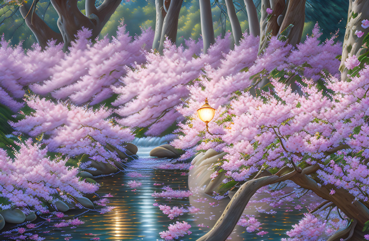 Tranquil twilight setting with pink cherry blossoms and serene stream