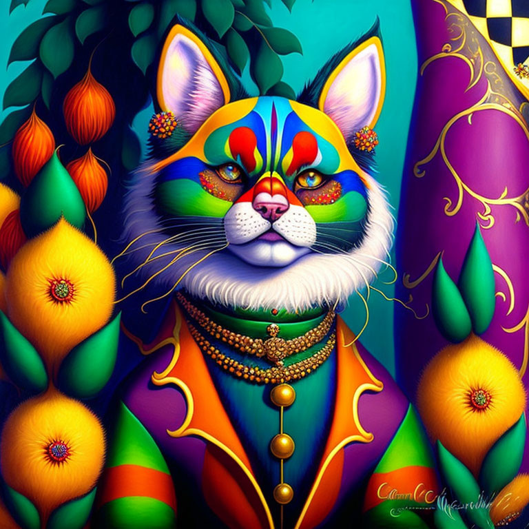 Colorful Cat Artwork with Intricate Face Paint and Regal Costume