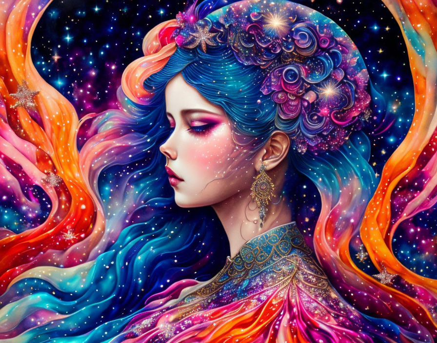 Vibrant digital artwork of a woman with blue hair in cosmic setting