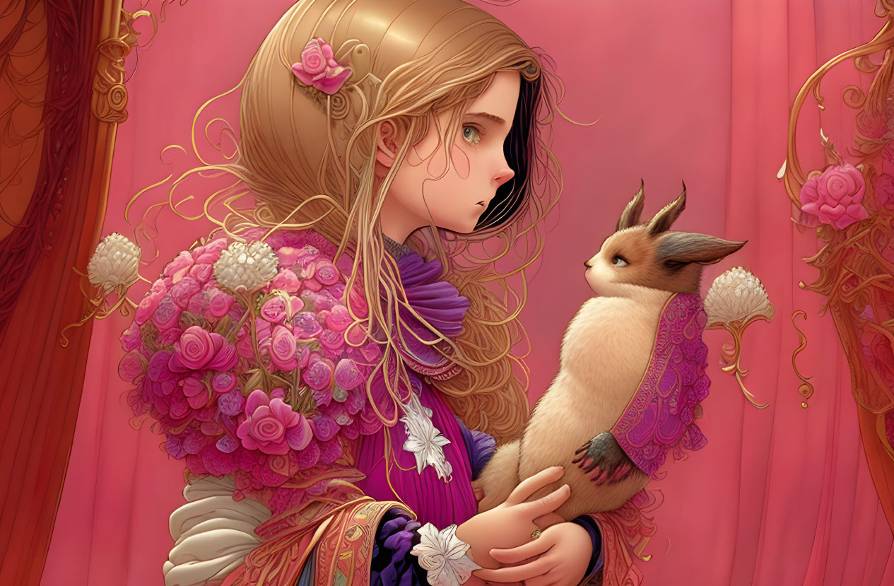 Blonde girl holding fennec fox with pink roses and floral dress