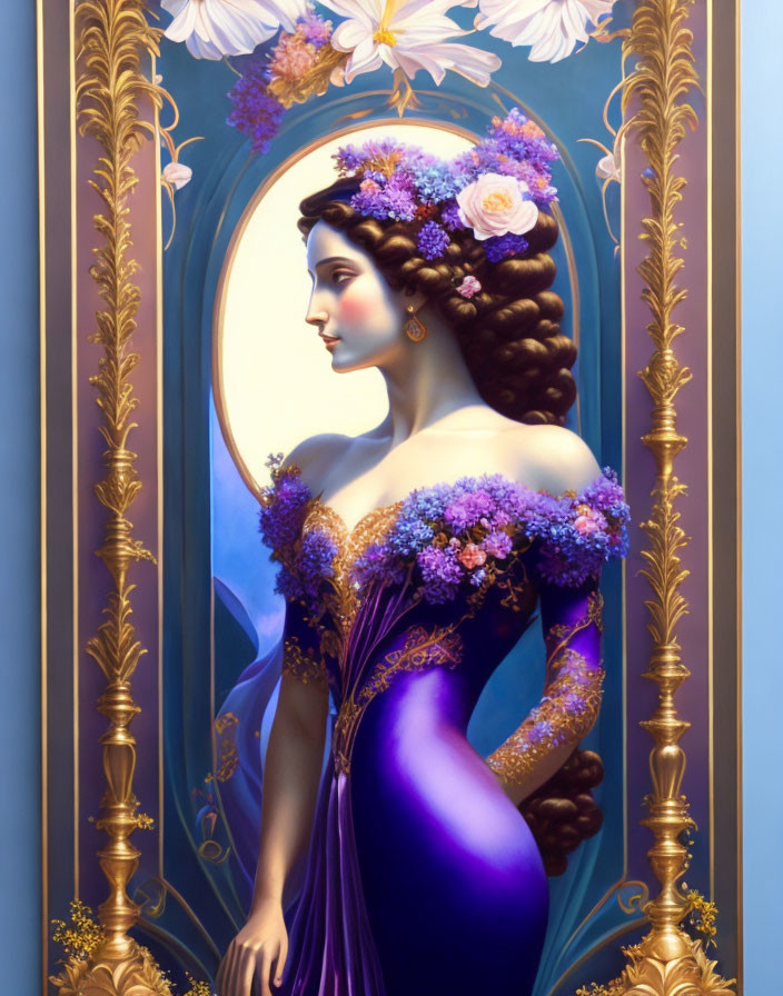 Stylized woman portrait with floral hair accessories and purple gown
