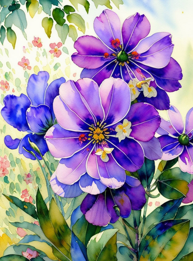 Vibrant Purple Flowers Watercolor Painting with Green Foliage