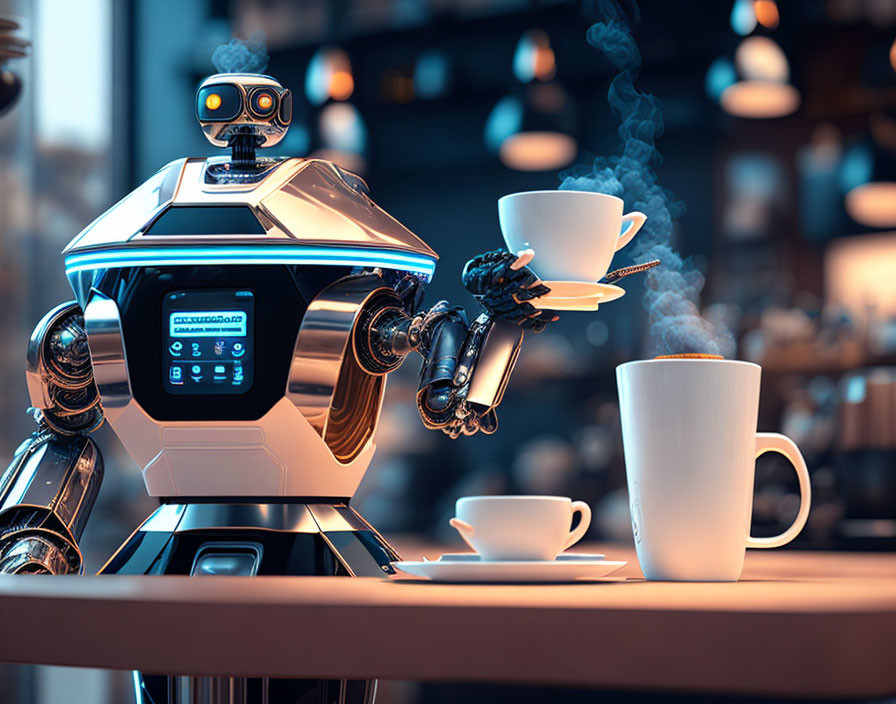 Futuristic robot making coffee in a cafe
