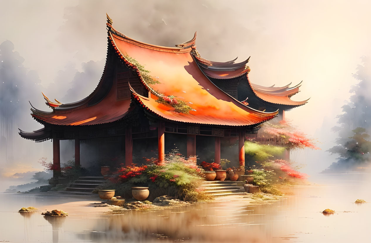 Asian Pagoda in Misty Landscape with Curved Roofs and Water Reflections