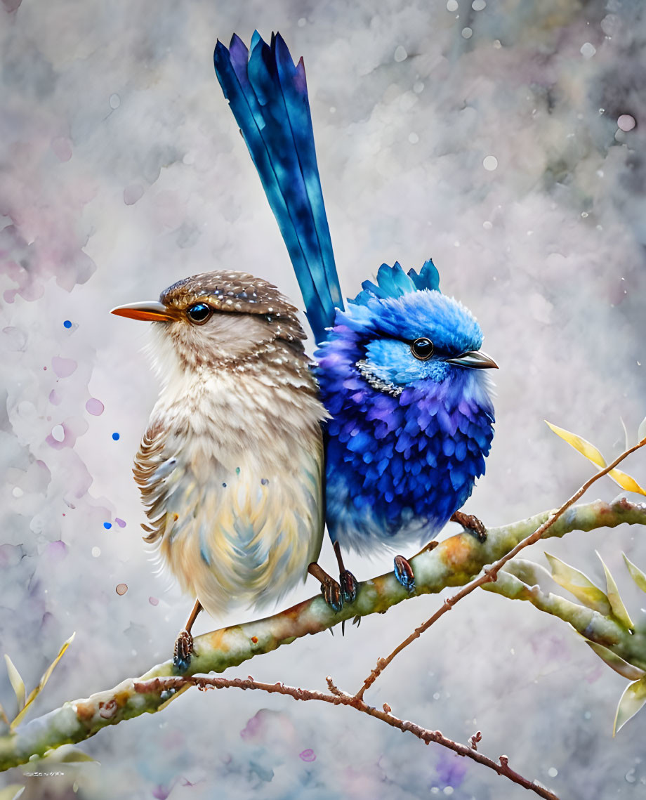 Colorful Birds Perched on Branch with Blue Feathers