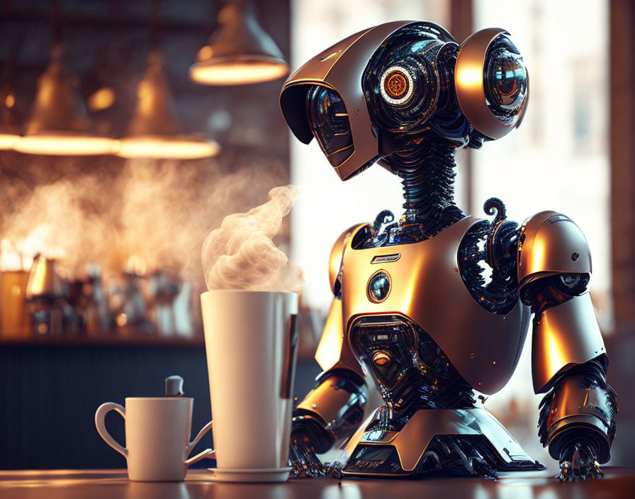 Futuristic robot making coffee in a cafe