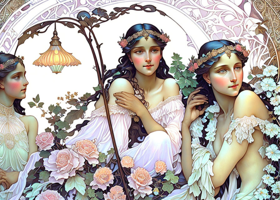 Three women in floral crowns and classical attire in Art Nouveau-inspired setting.