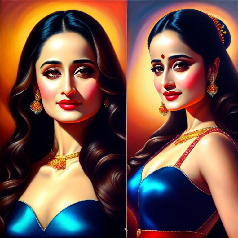 Vibrant digital diptych of woman in Indian attire and jewelry