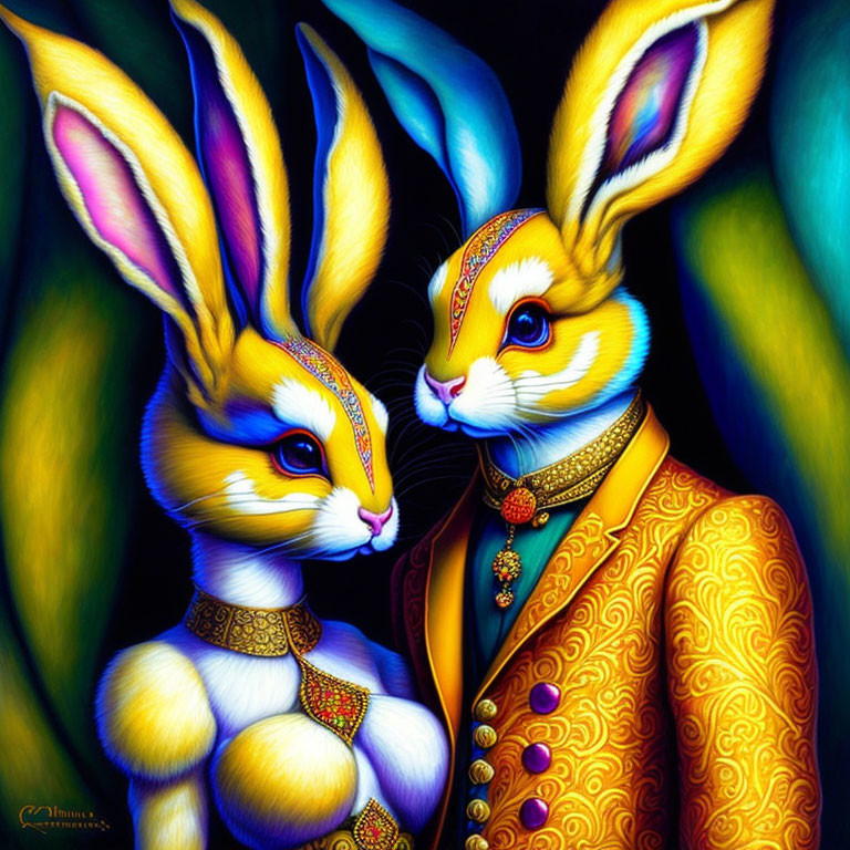 Colorful anthropomorphic rabbits in traditional attire against dark background