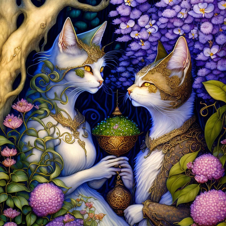Elegantly adorned fantasy cats with intricate fur patterns and jewel-encrusted green orb in lush