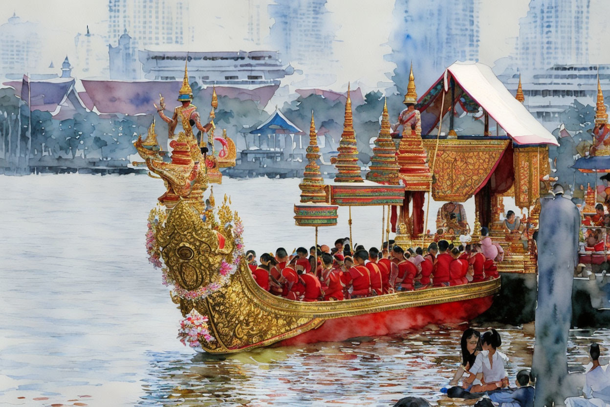 Traditional Thai Royal Barge Watercolor Painting with Golden Designs