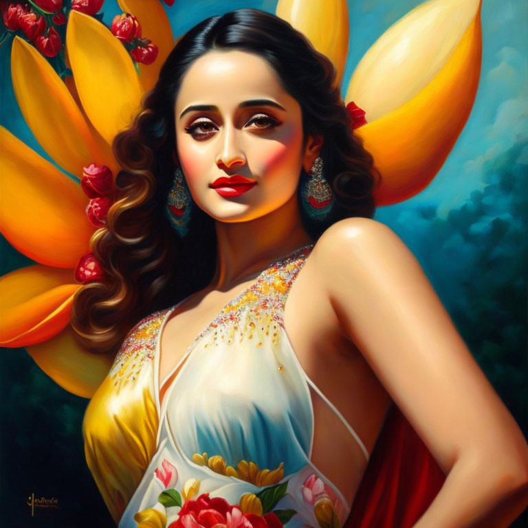 Vivid digital painting of a woman with stylized makeup and attire amid floral elements and yellow petals.