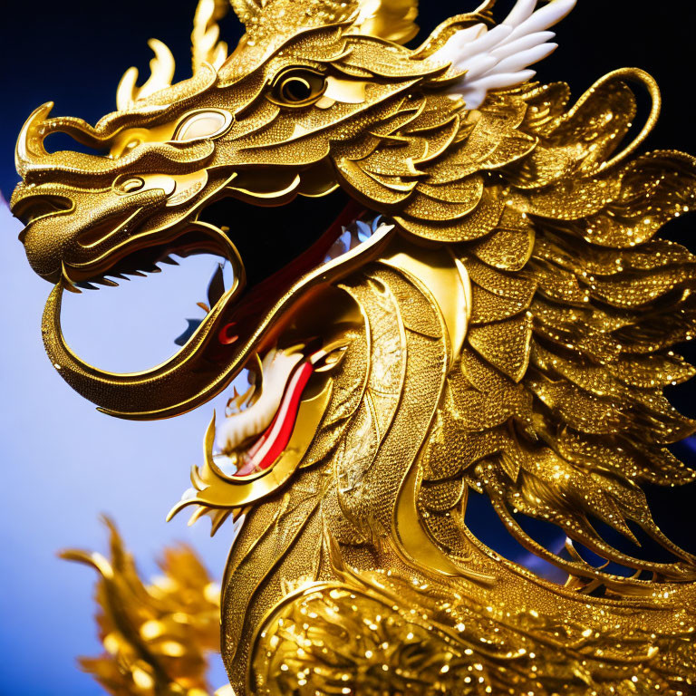 Detailed Golden Dragon Sculpture on Blue Background