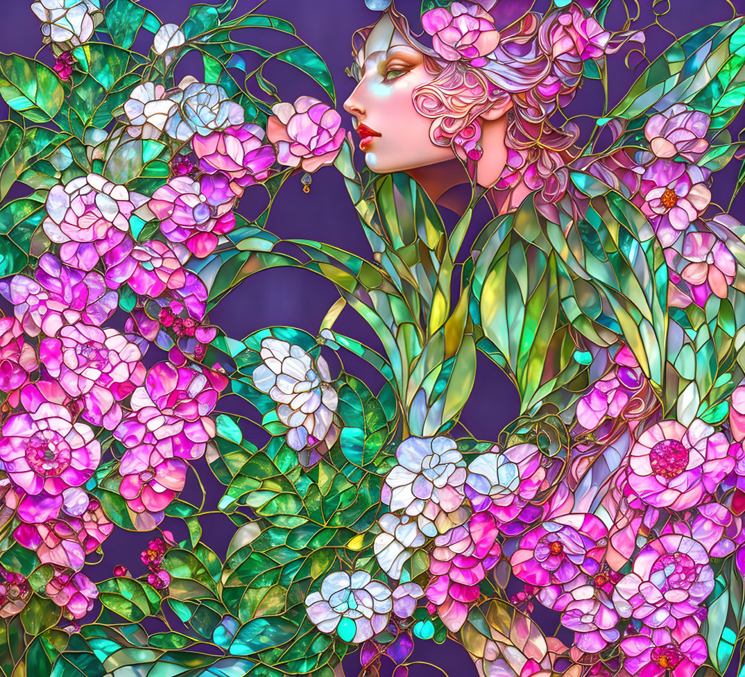 lady and flowers with stained glass style