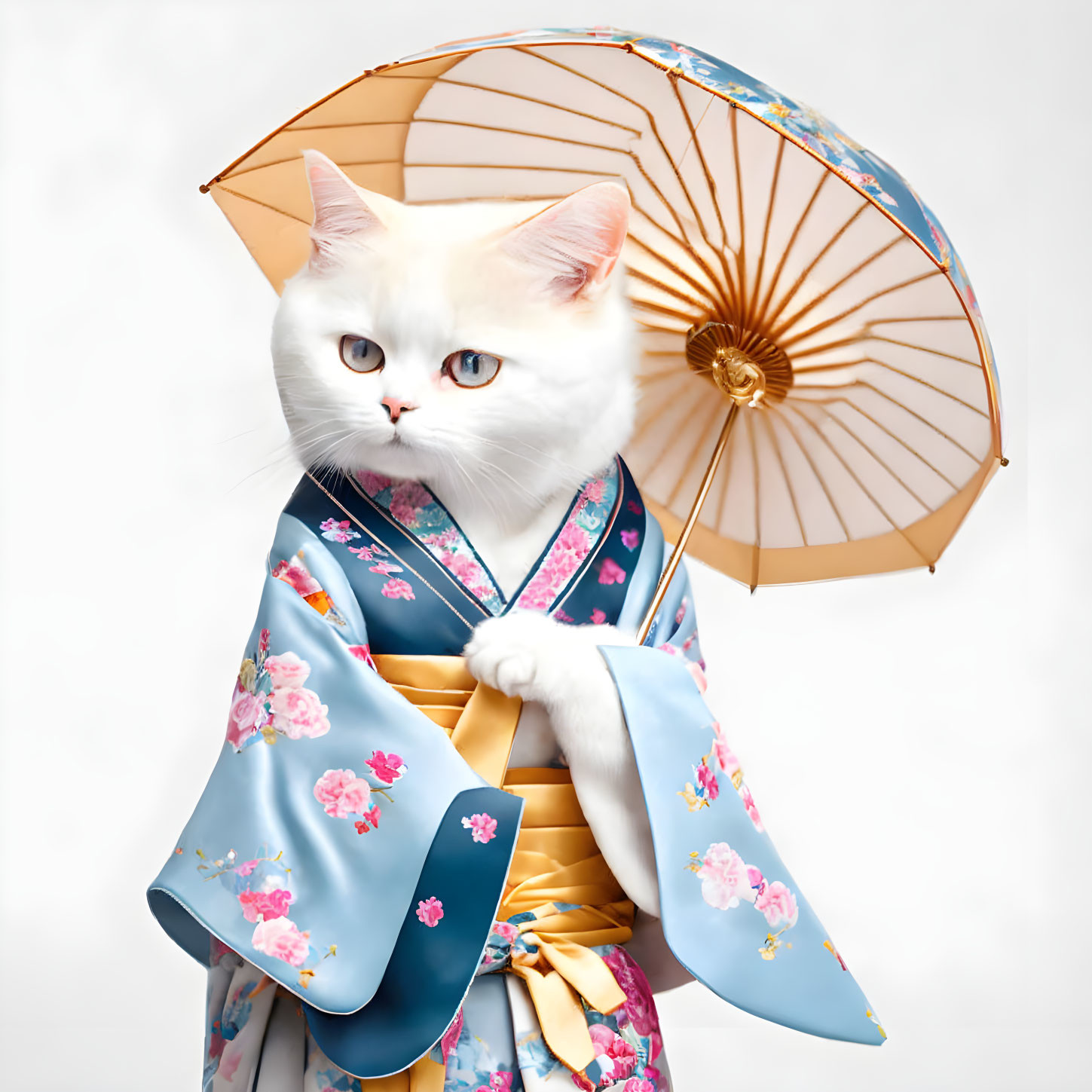 White Cat in Traditional Japanese Kimono with Blue Eyes and Paper Umbrella