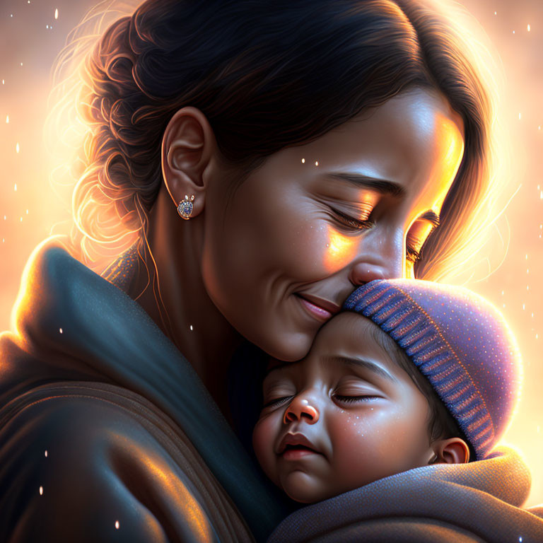 Smiling woman holding sleeping baby in warm light