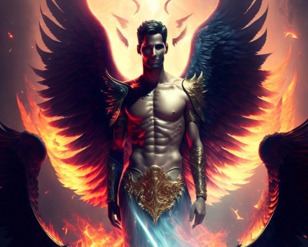 Majestic male figure with dark angelic wings and glowing sword