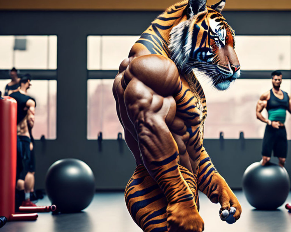 Muscular Tiger-Headed Figure in Gym with Exercise Equipment