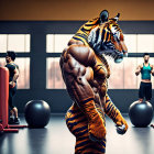Muscular Tiger-Headed Figure in Gym with Exercise Equipment