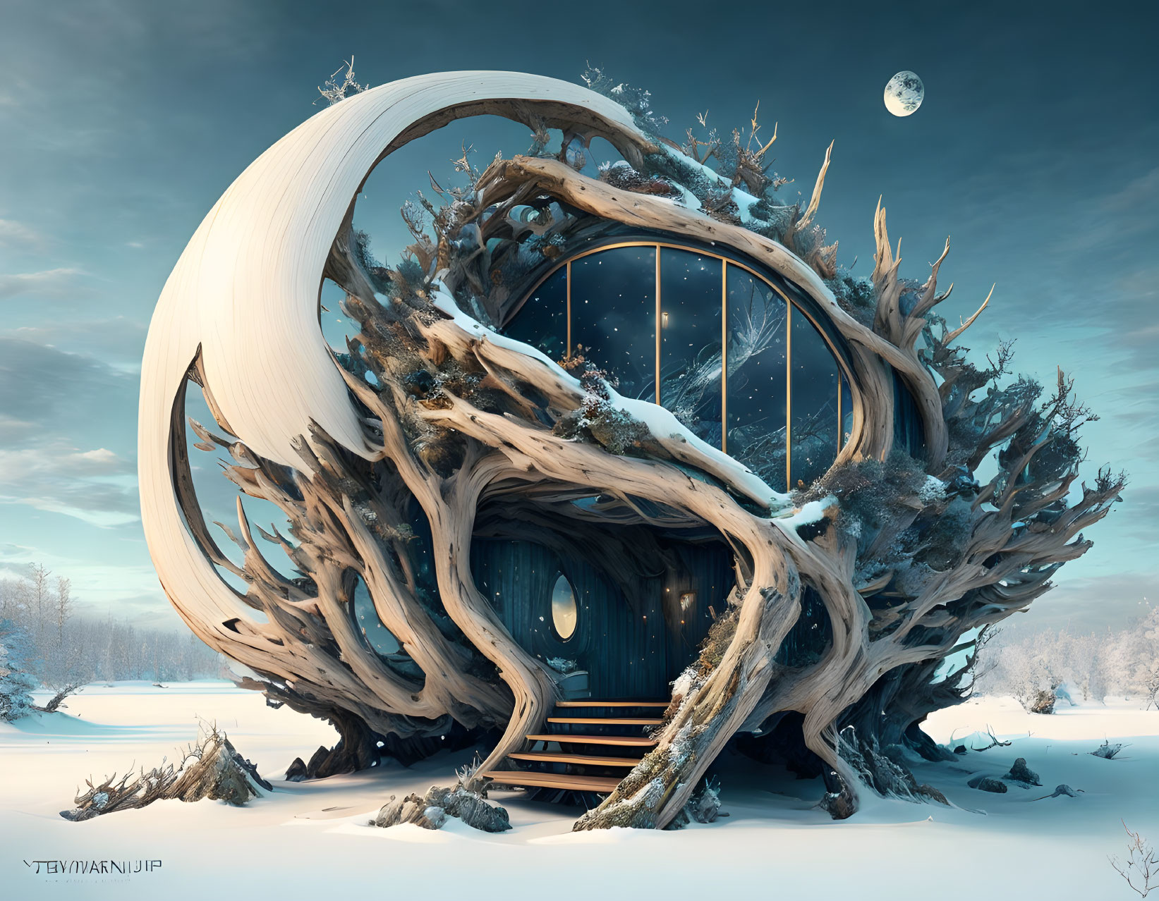 Circular futuristic treehouse with large windows in snowy landscape
