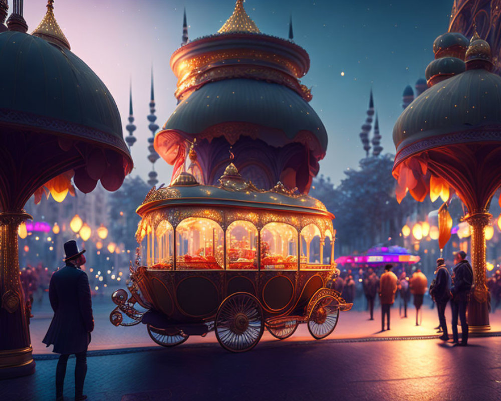 Whimsical cityscape at dusk with illuminated carousels and a person in a top hat