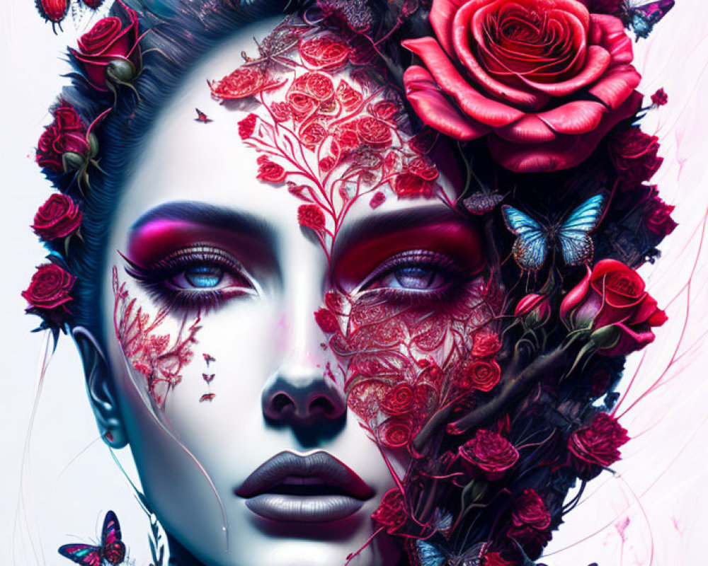 Digital artwork of woman's face with floral patterns and butterflies
