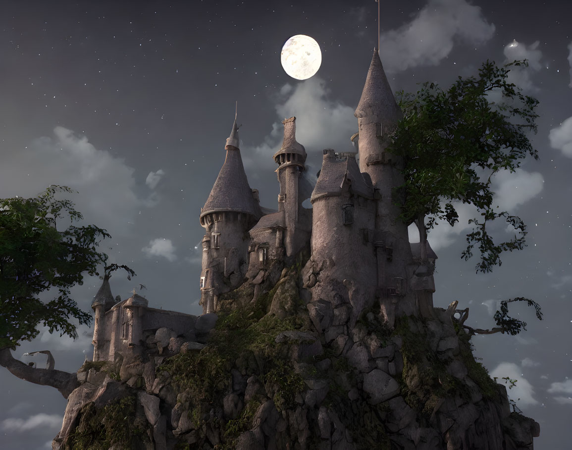 Stone castle on steep crag under moonlit sky.