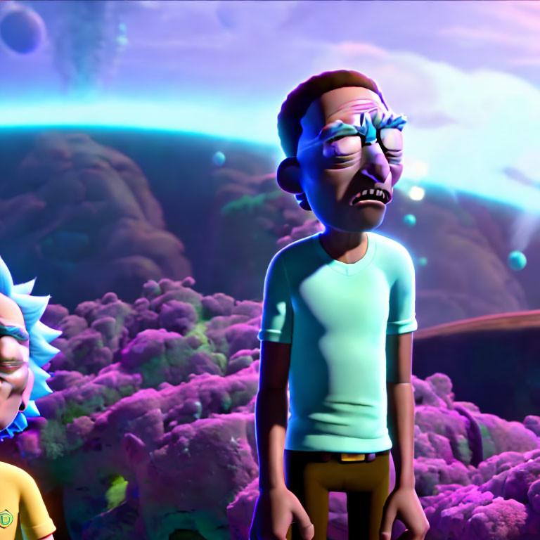 Vibrant surreal landscape with animated characters and pink brain-like formations