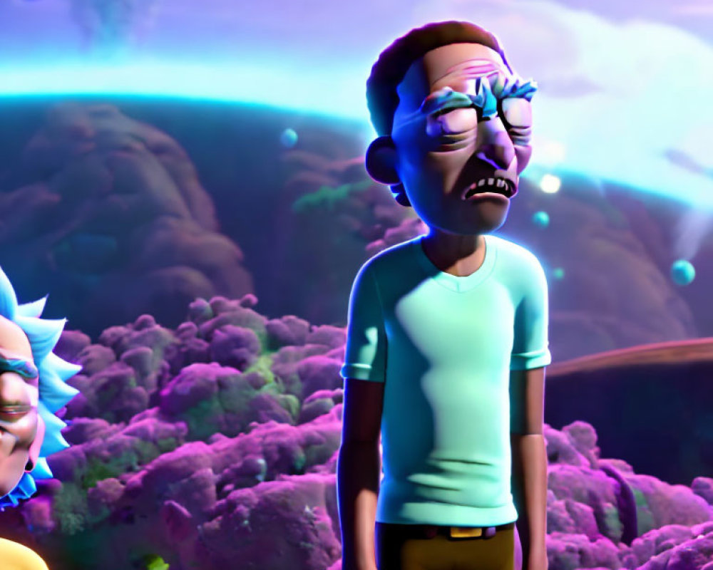 Vibrant surreal landscape with animated characters and pink brain-like formations
