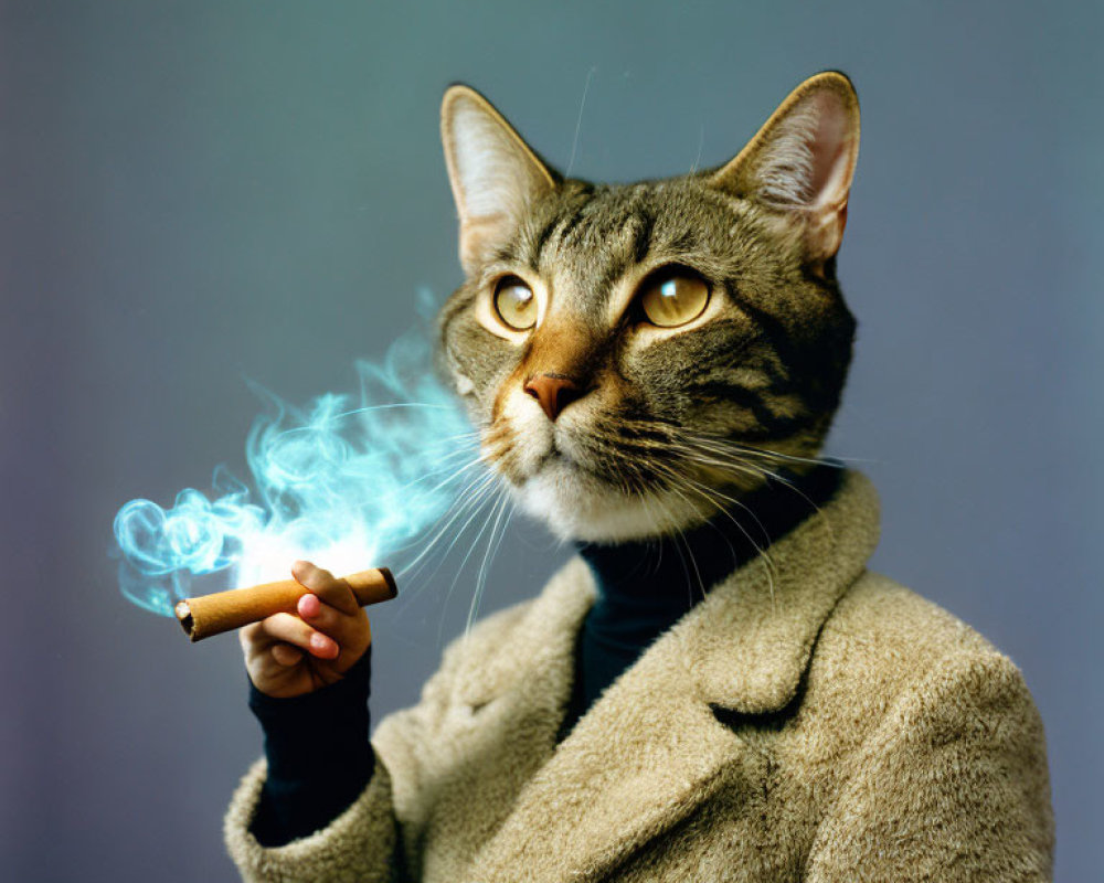 Cat in coat smoking cigar on grey backdrop