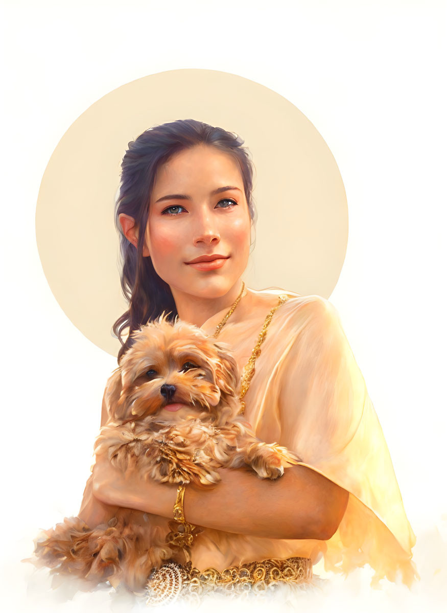 Serene woman holding small dog in warm light