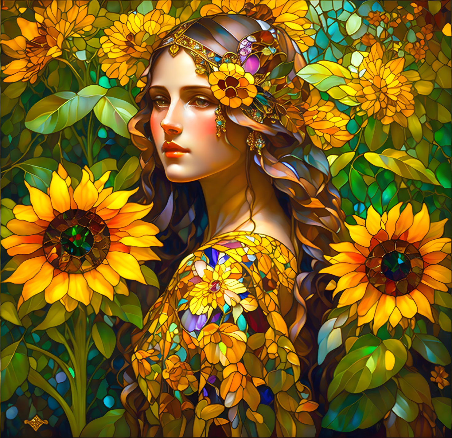  lady and sunflowers with stained glass style