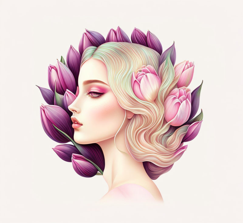 Digital artwork featuring woman with stylized features surrounded by tulips