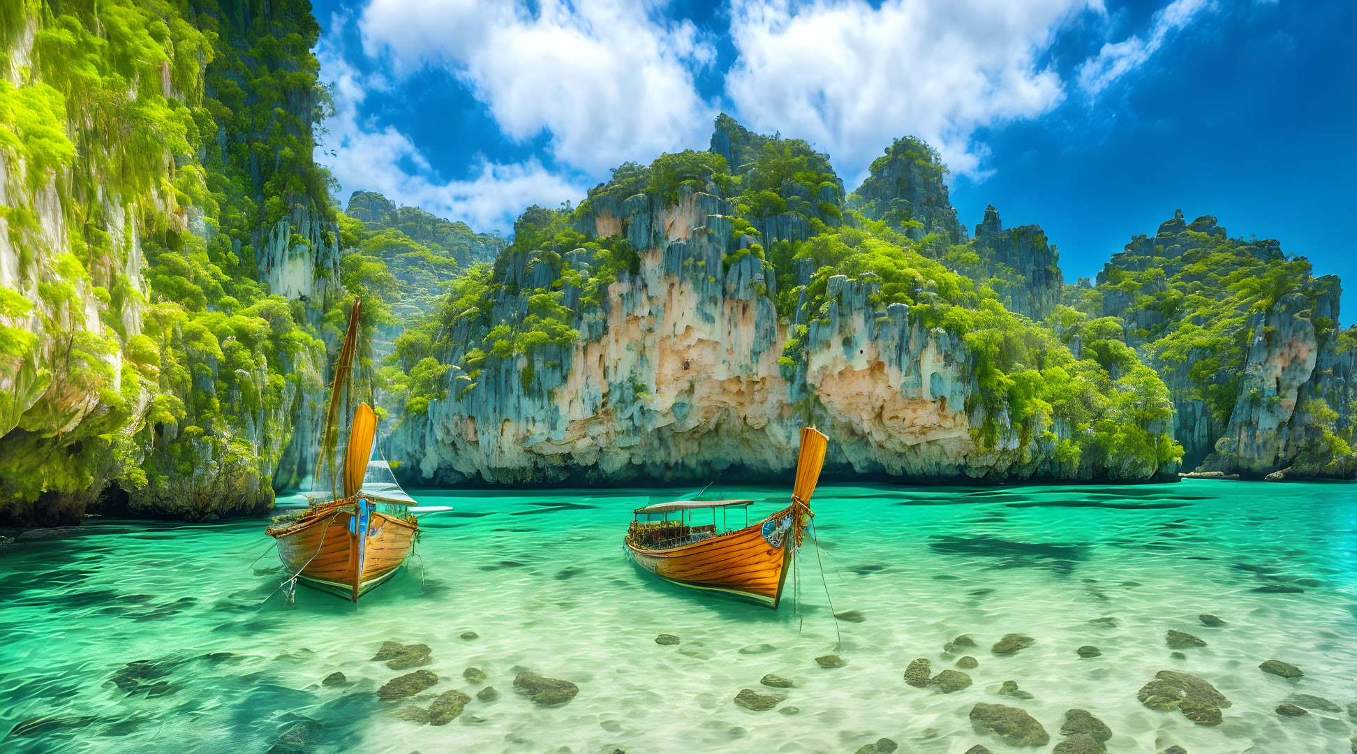 Scenic view of traditional longtail boats on turquoise water by rugged cliff