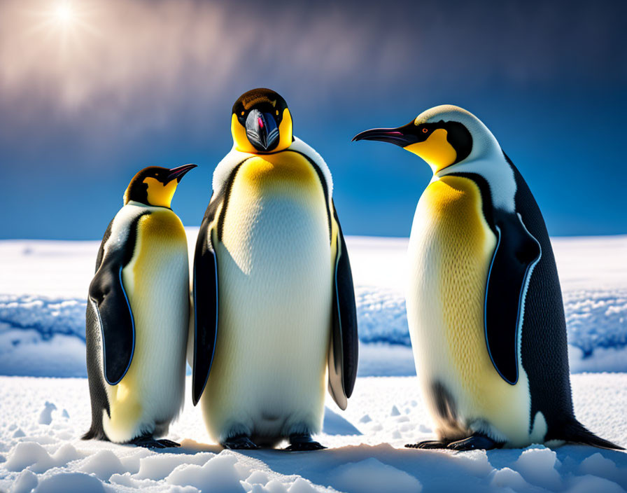Emperor Penguins on Snowy Landscape with Low Sun