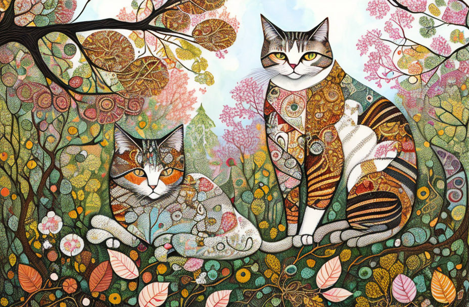 Stylized cats in intricate patterns in colorful forest landscape