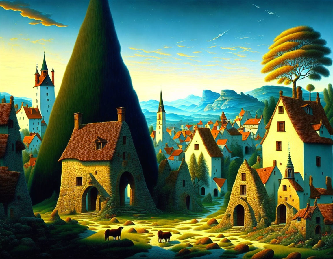 Unique Pointed-Roof Village in Twilight Sky