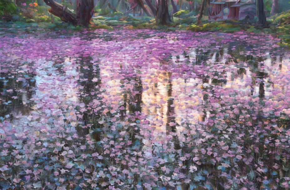 Tranquil forest landscape with blooming flowers and reflective water