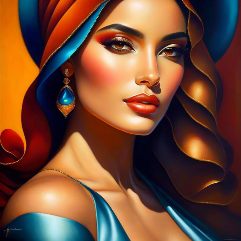 Colorful digital portrait of woman with blue headwrap and dress, golden hues.