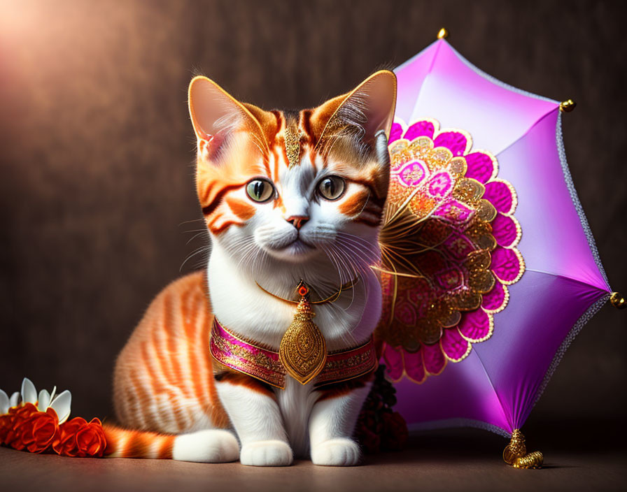 Orange Tabby Cat with Golden Pendant Beside Ornate Purple Fan