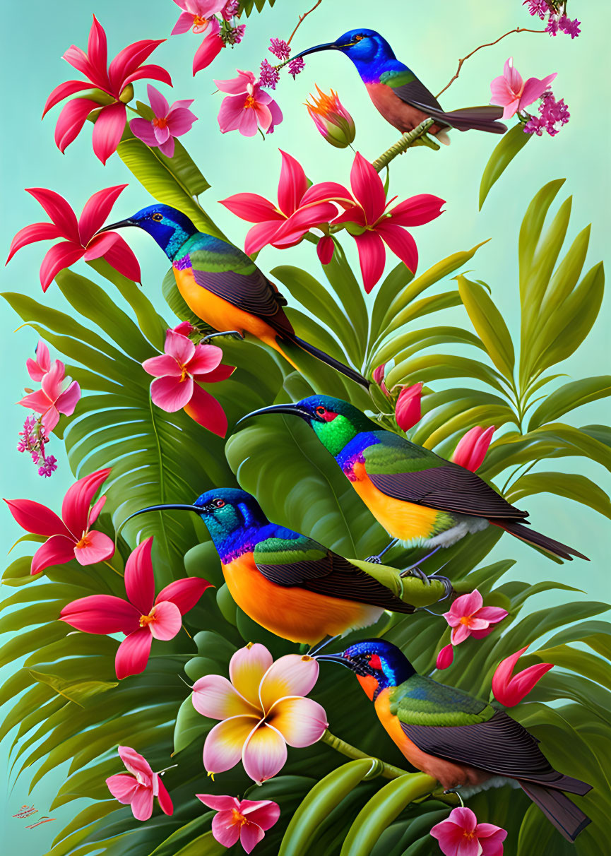 Colorful Birds Amid Greenery and Pink Flowers on Teal Background