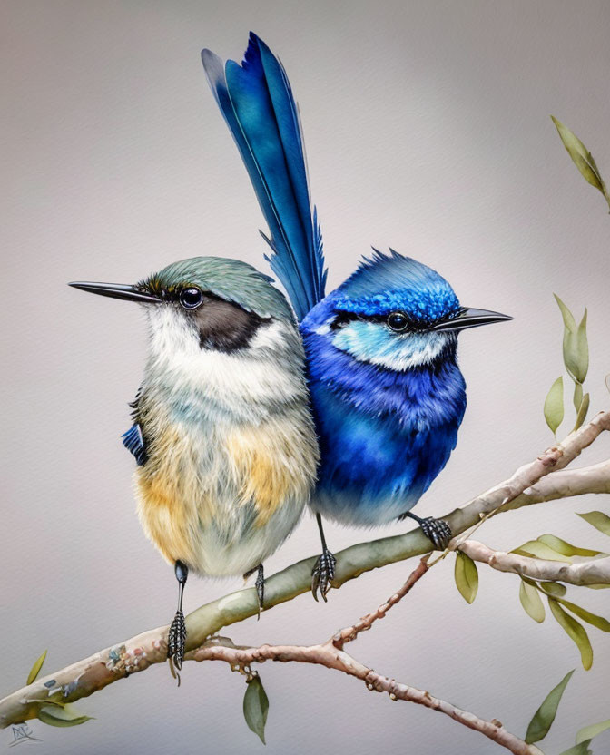 Vibrantly colored birds with blue hue on branch, one with upright tail